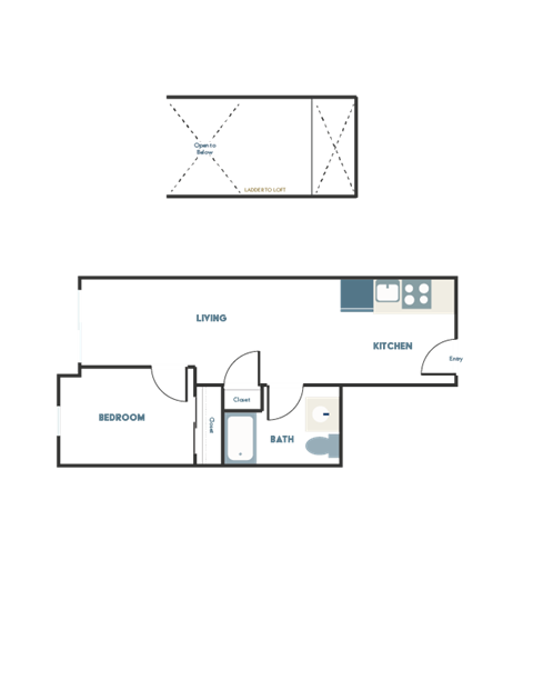 A floor plan of a room with a living area, a bedroom, and a bathroom.